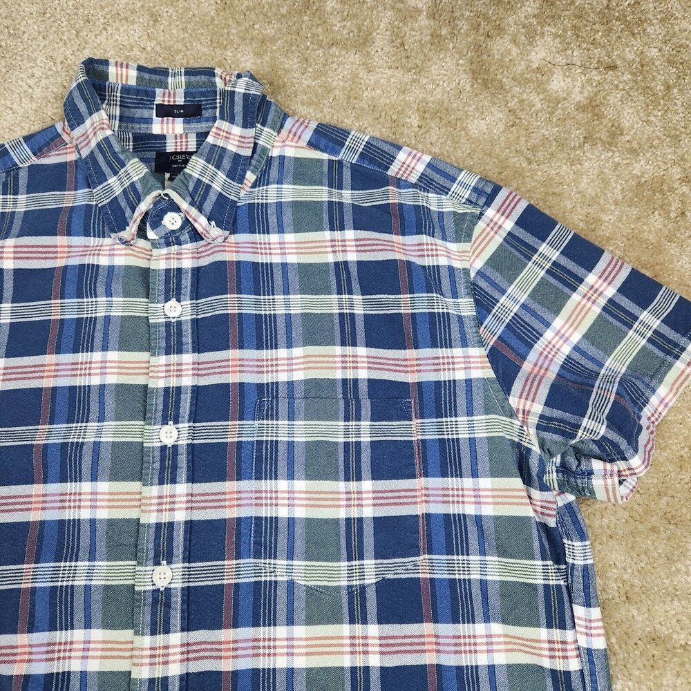 J Crew Shirt Mens Large Blue Plaid Oxford Short Sleeve Button Down Slim Fit A114